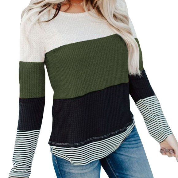 Green Stylish Colorblock Splicing Stripes Top - Picture 5 of 6